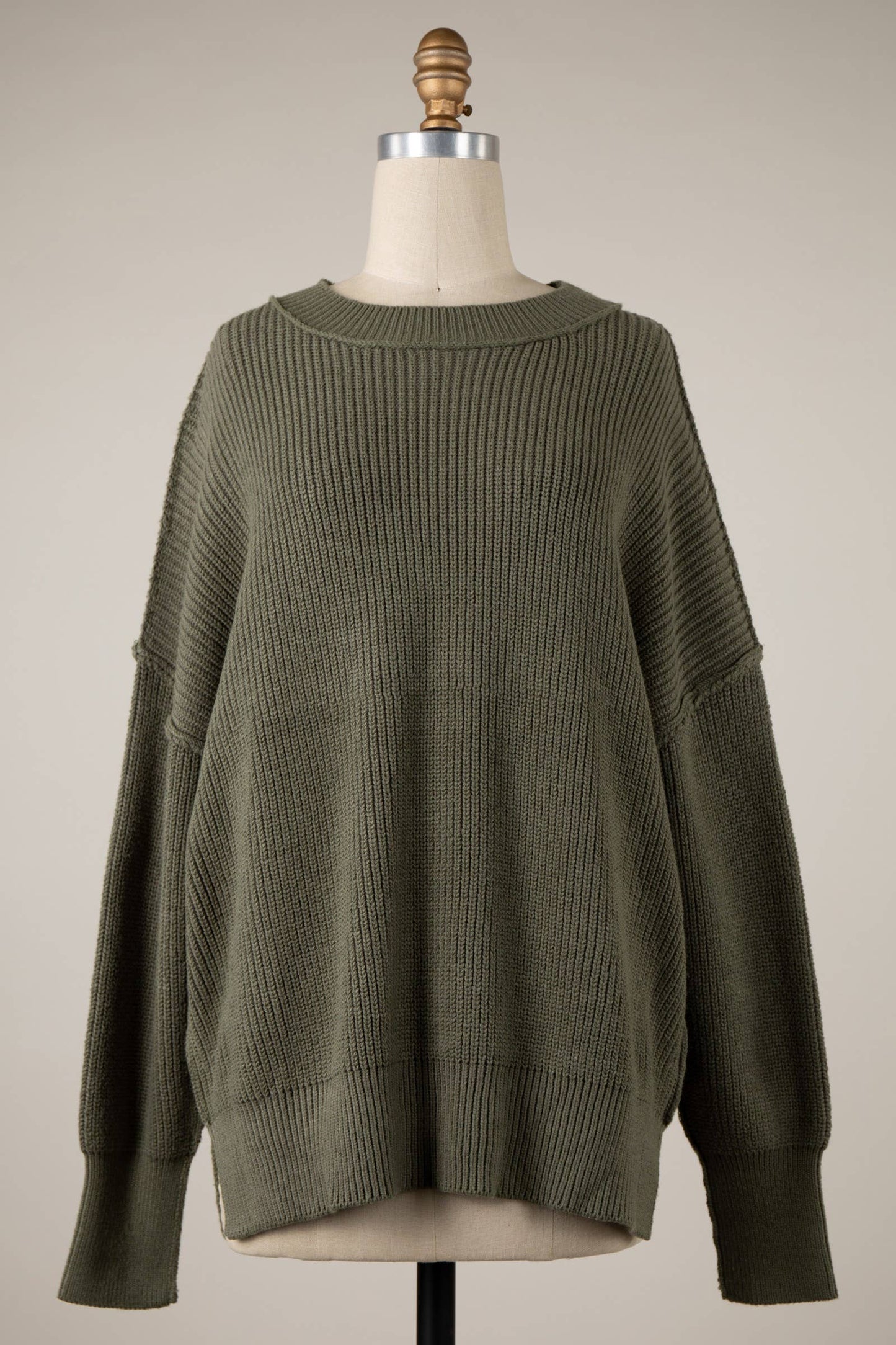 Neutral Oversized Ribbed Knit Sweater Top: BLACK