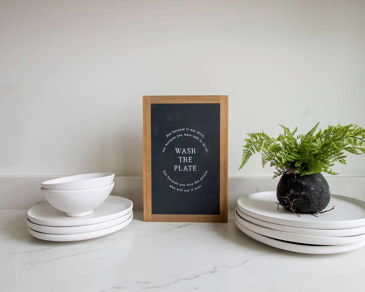 Wash the Plate | Wall Art: Black-White Text / Dark Brown Frame / 8 inches x 12 inches