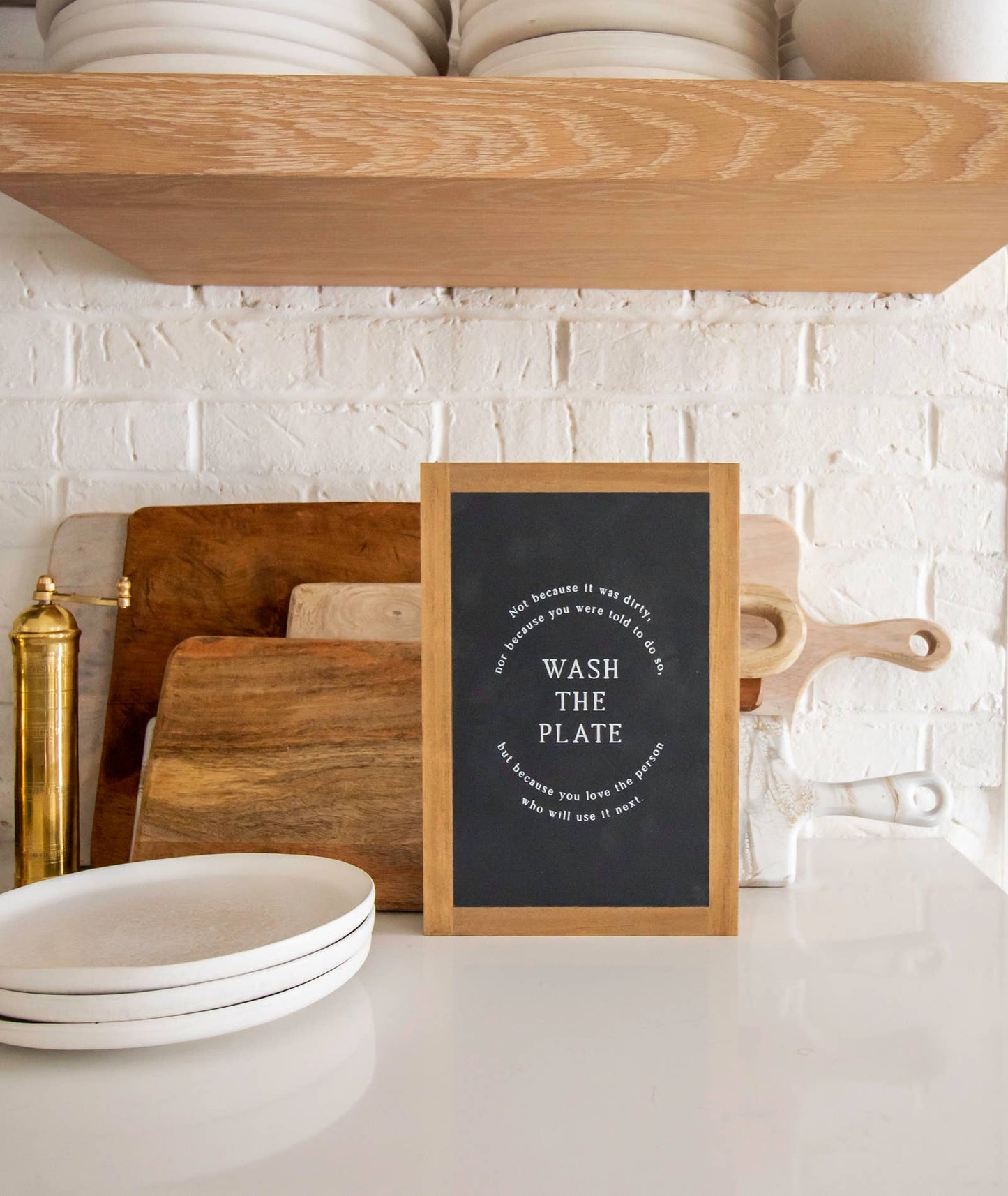 Wash the Plate | Wall Art: Black-White Text / Dark Brown Frame / 8 inches x 12 inches