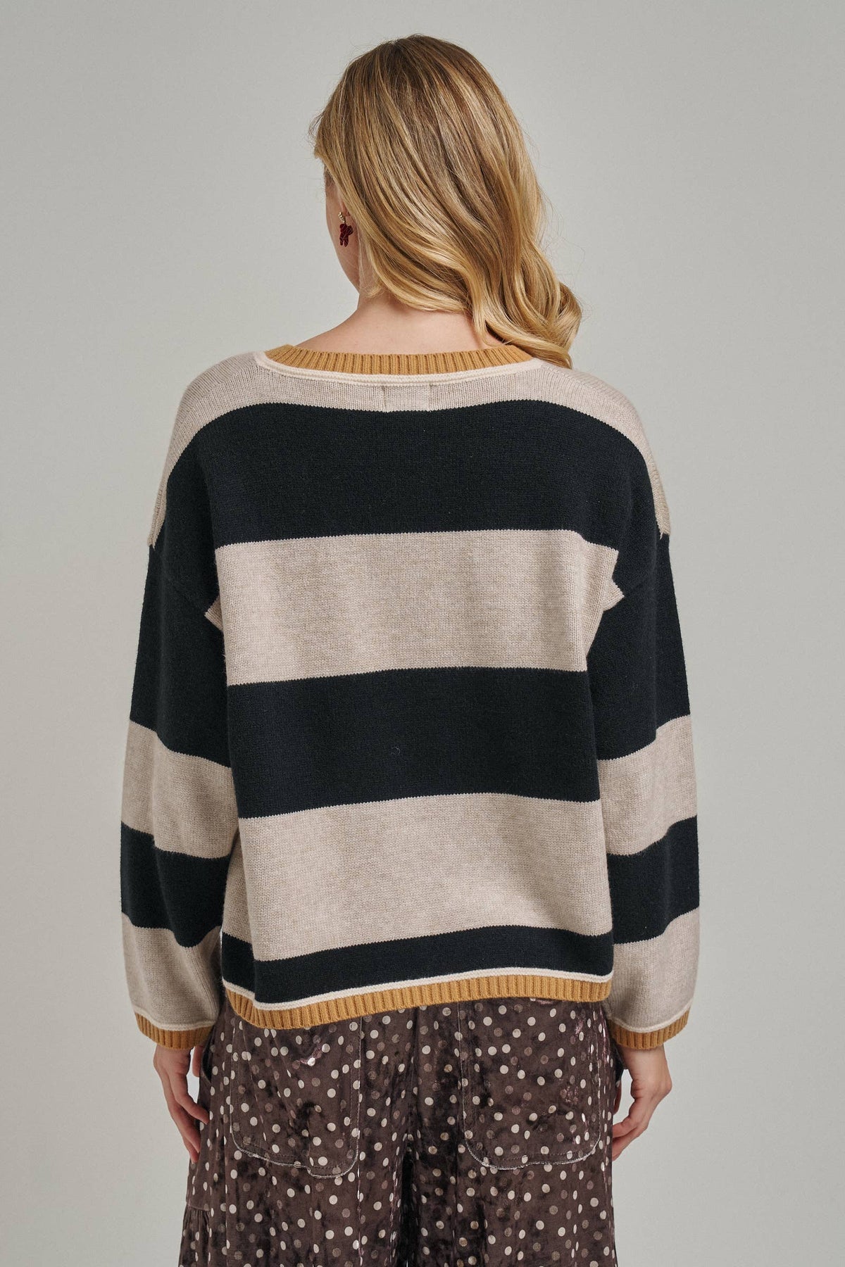 BON - WIDE STRIPE EVERYDAY COZY FALL SWEATER CARDIGAN_JLT00445-01: BLUE/BROWN / S-M-L(2-2-2)