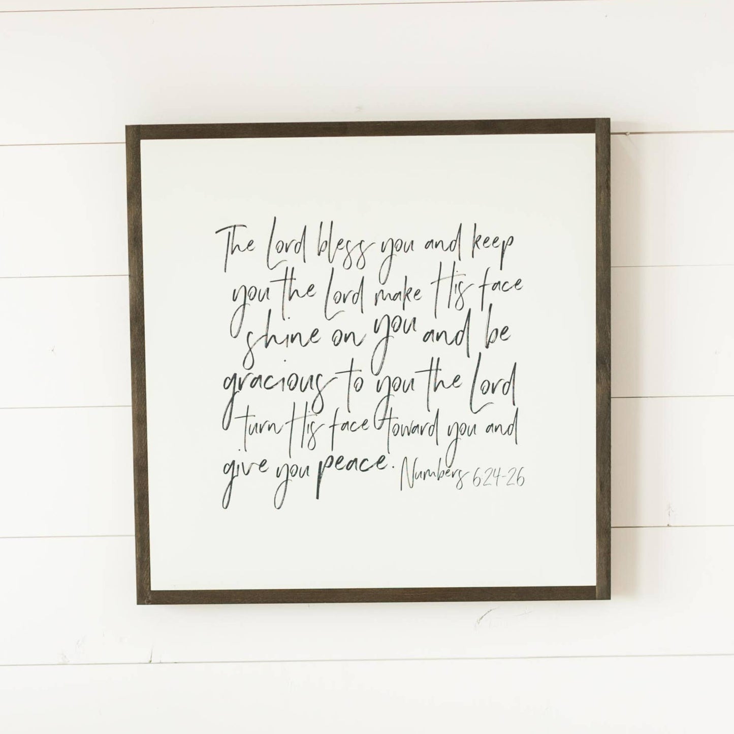 The Lord Bless You | Wall Art: Soft White-Black Text / Dark Brown Frame / 24 inches x 24 inches