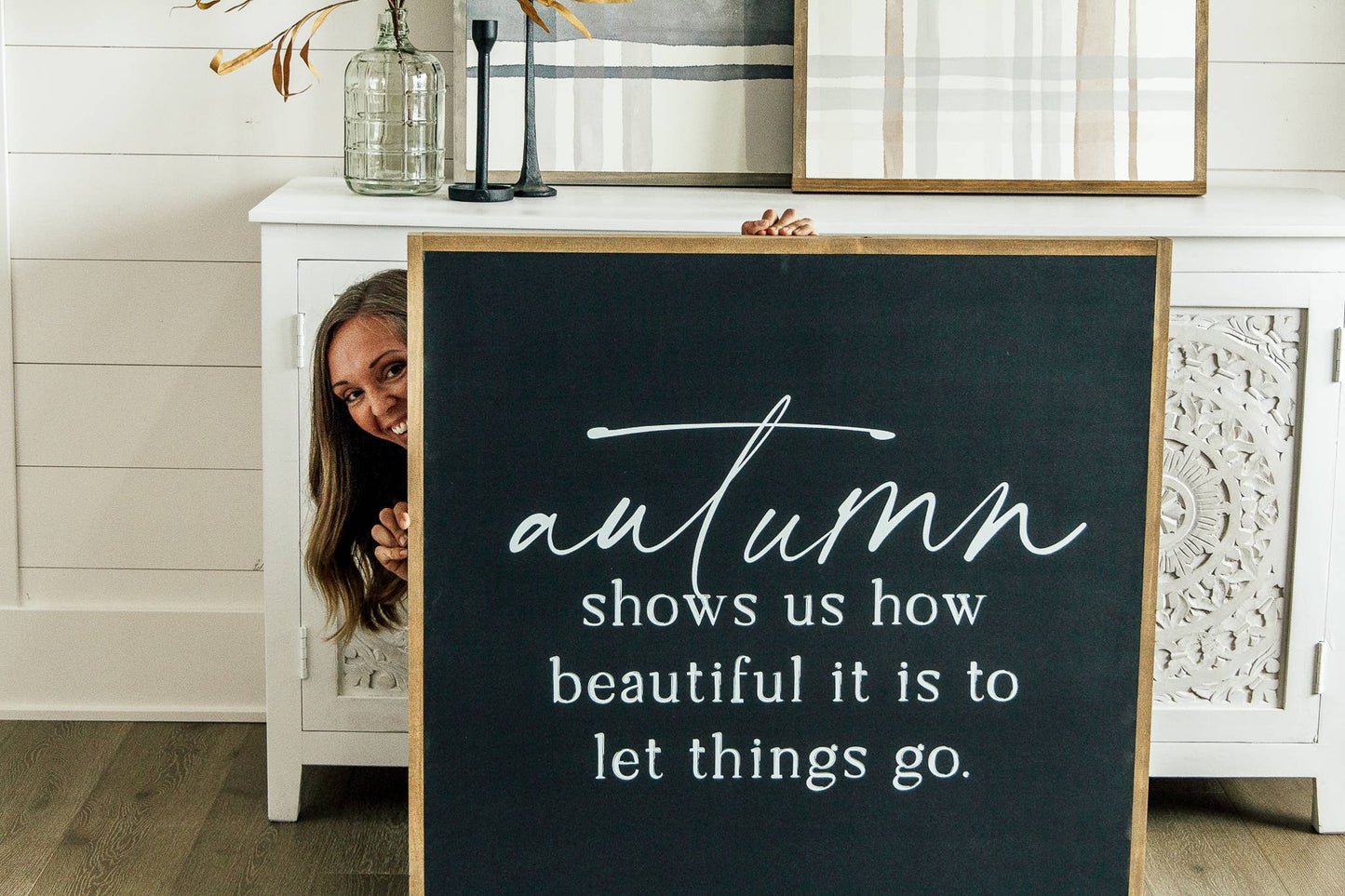 Autumn Shows Us | Wall Art: Soft White-Black Text / Dark Brown Frame / 12 inches x 12 inches
