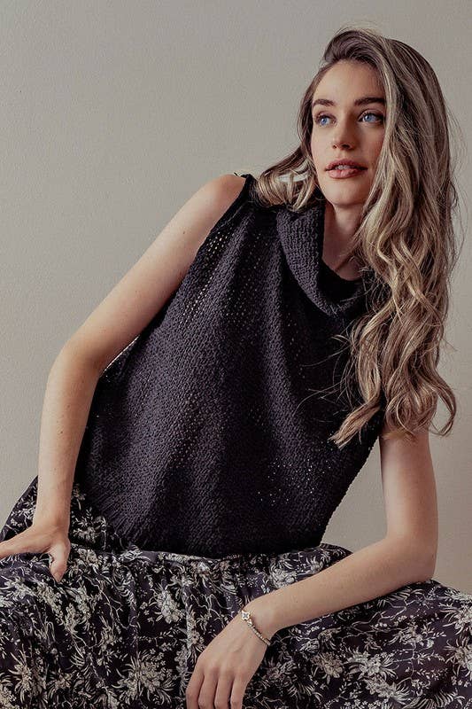 Sleeveless Cowl Neck Crochet Top: CREAM