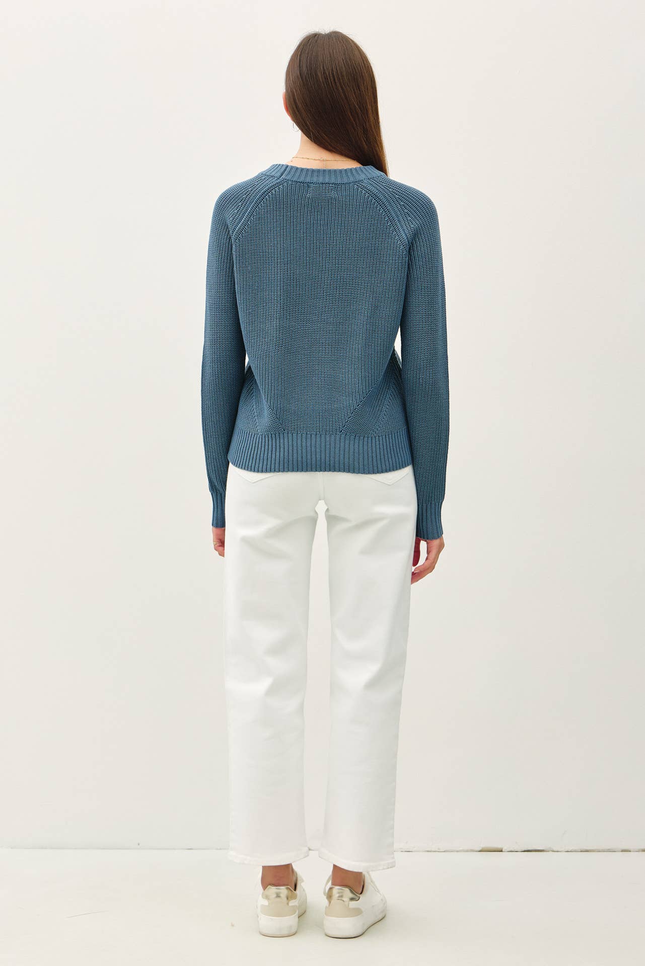 Crew Neck Pullover Sweater w Crochet Detailing: Teal Blue