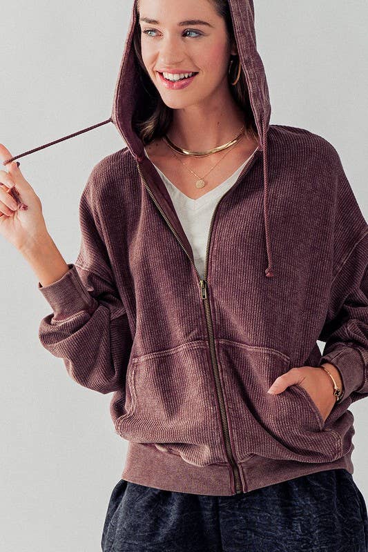 Emily Oversized Vintage Zip Up Hoodie: MAROON