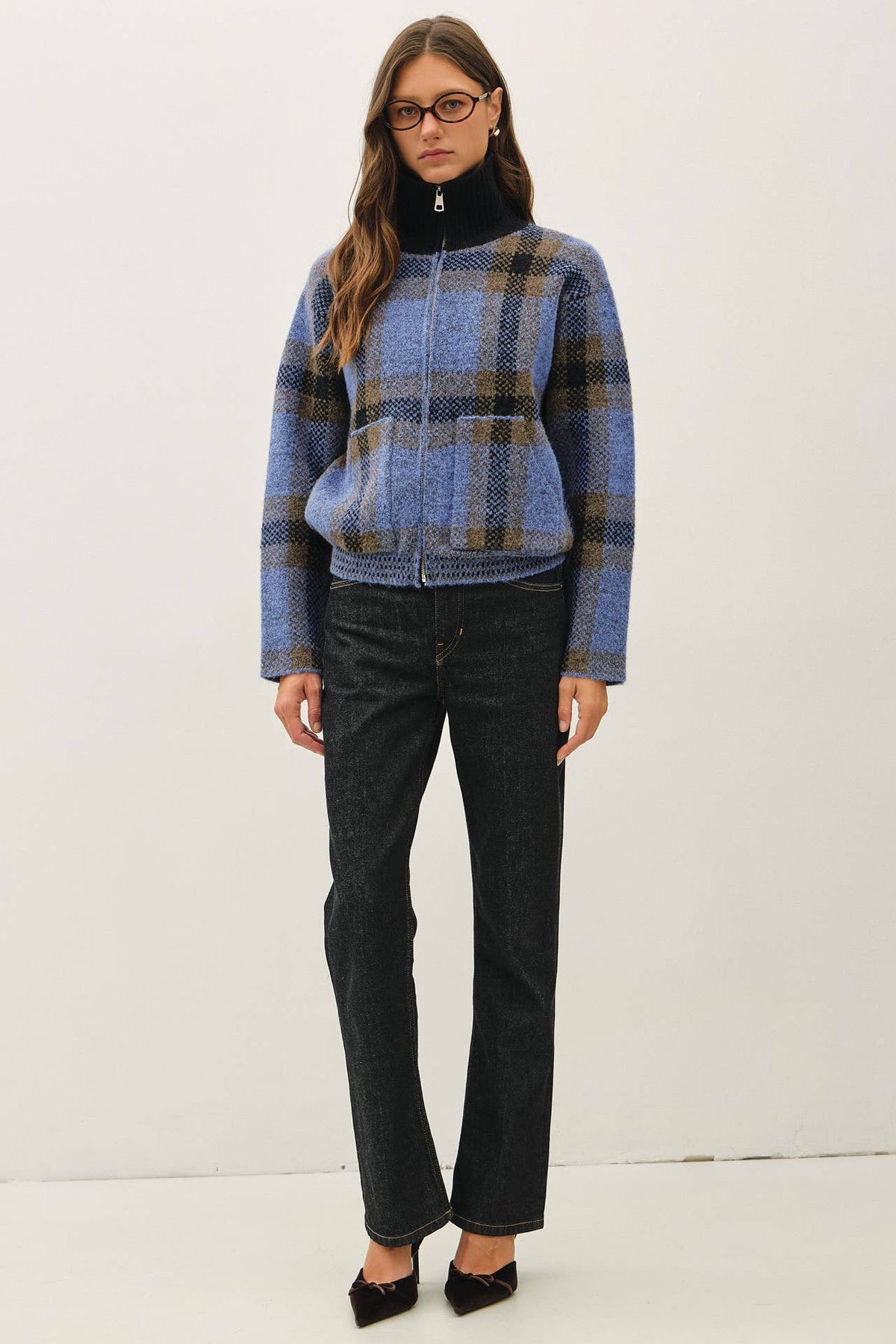 Be Cool - PLAID ZIP UP SWEATER JACKET : BLUE / S