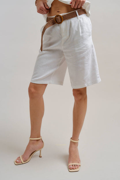 Linen Blend Belted Bermuda Shorts: WHITE