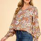 Les Amis - Floral Print Long Sleeve Blouse with Ruffled Neck: Mocha / M