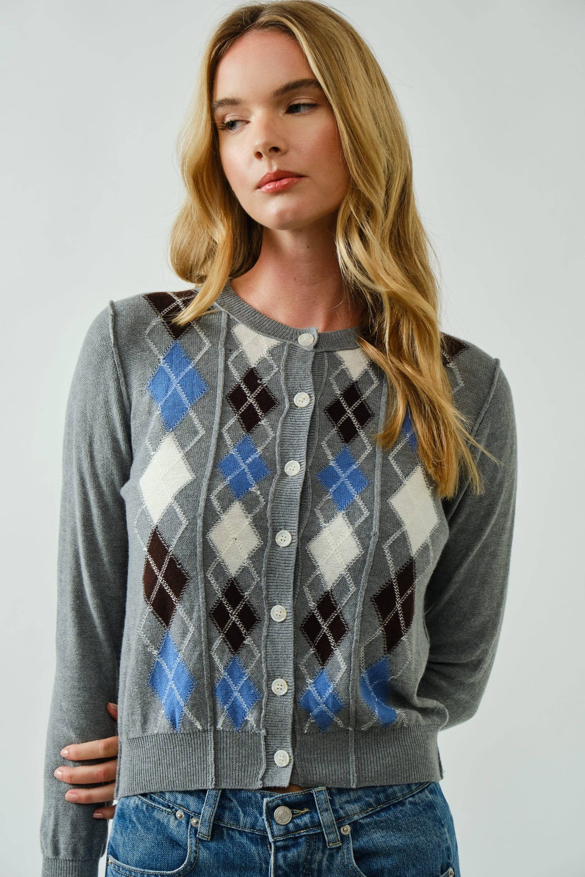Aaron & Amber - AJT5092 RELAXED FIT ARGYLE SWEATER CARDIGAN: TAUPE / L