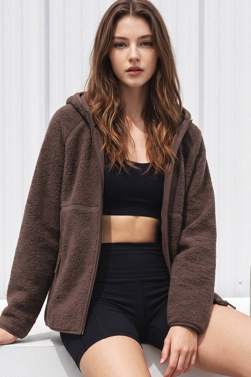 Bluivy - SOFT SHERPA FLEECE ZIPPER FRONT HOODIE JACKET: WINE / M