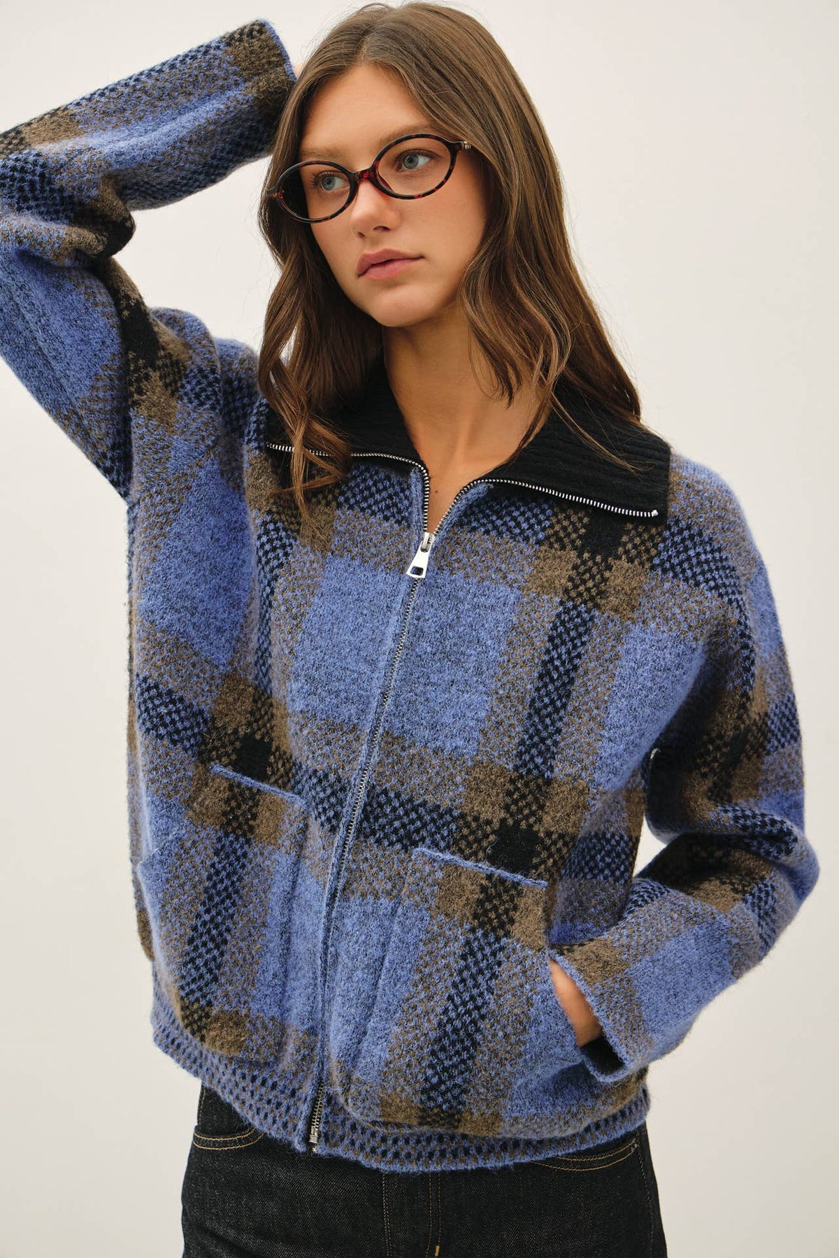 Be Cool - PLAID ZIP UP SWEATER JACKET : BLUE / M