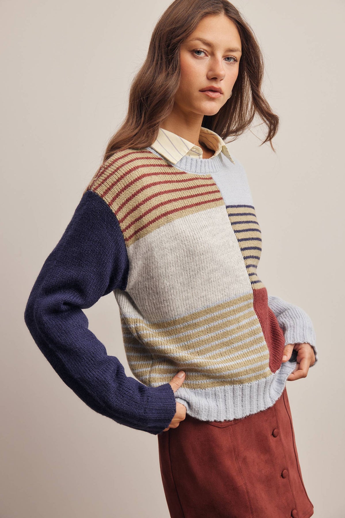 Forte - Colorblock Mixed Stripe Knit Sweater FSW0099: Blue Multi / Contemporary / S
