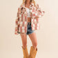 Checkered Teddy Chest Pocket Oversized Jacket: PINK