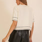 Lumiere - Contrast Stitch Soft Knit Short Sleeve Sweater Top: Cream/Black / L