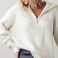 Cozy Knit Quarter Zip Fold Over Collar Sweater: IVORY