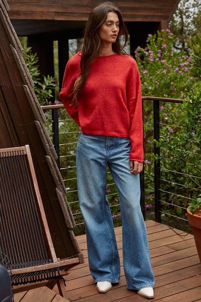 By Together - W2114 | Knit Sweater Rolled Round Neck Pullover Top: Green / M