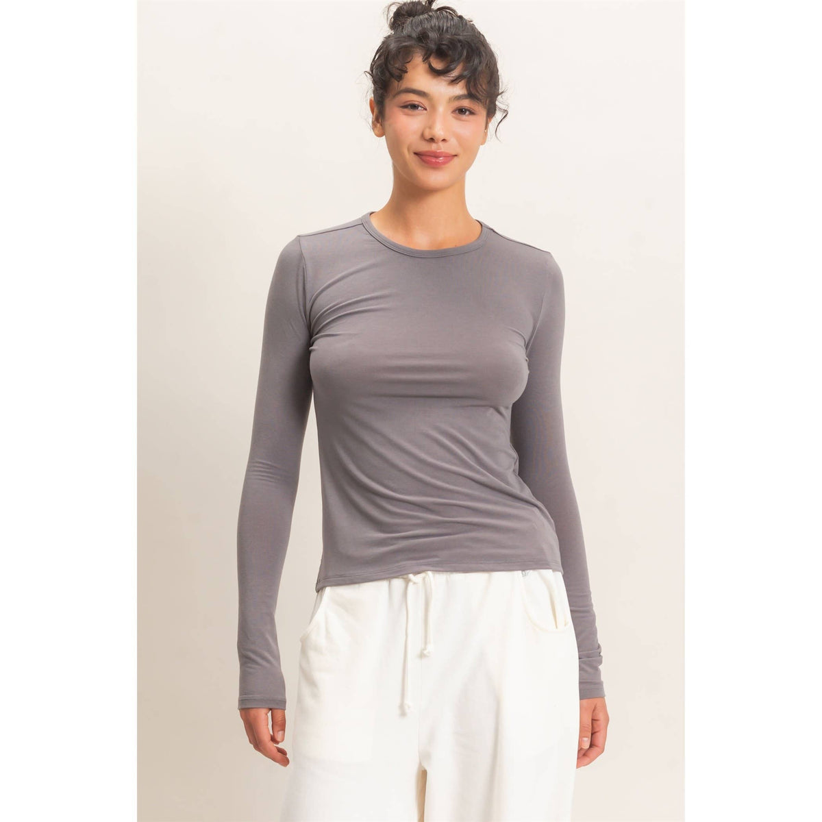 Crew Neck Long Sleeve Top: CHARCOAL