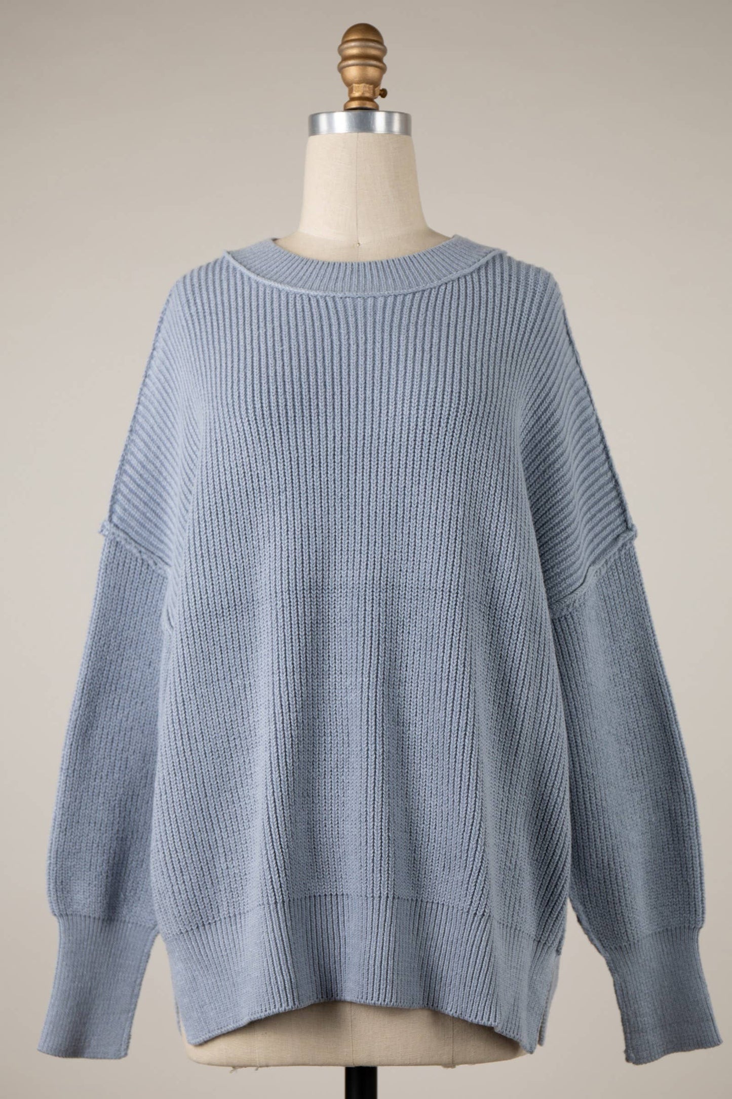 Neutral Oversized Ribbed Knit Sweater Top: BLUE GREY