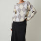 Sunday Edition by LE LIS - ROUND NECK ARGYLE PATTERN SWEATER: WHITE-H GREY / L