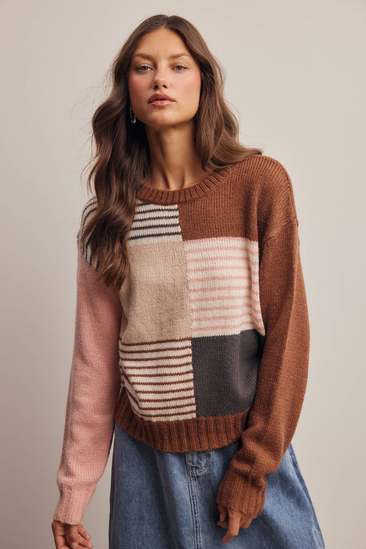 Forte - Colorblock Mixed Stripe Knit Sweater FSW0099: Blue Multi / Contemporary / L