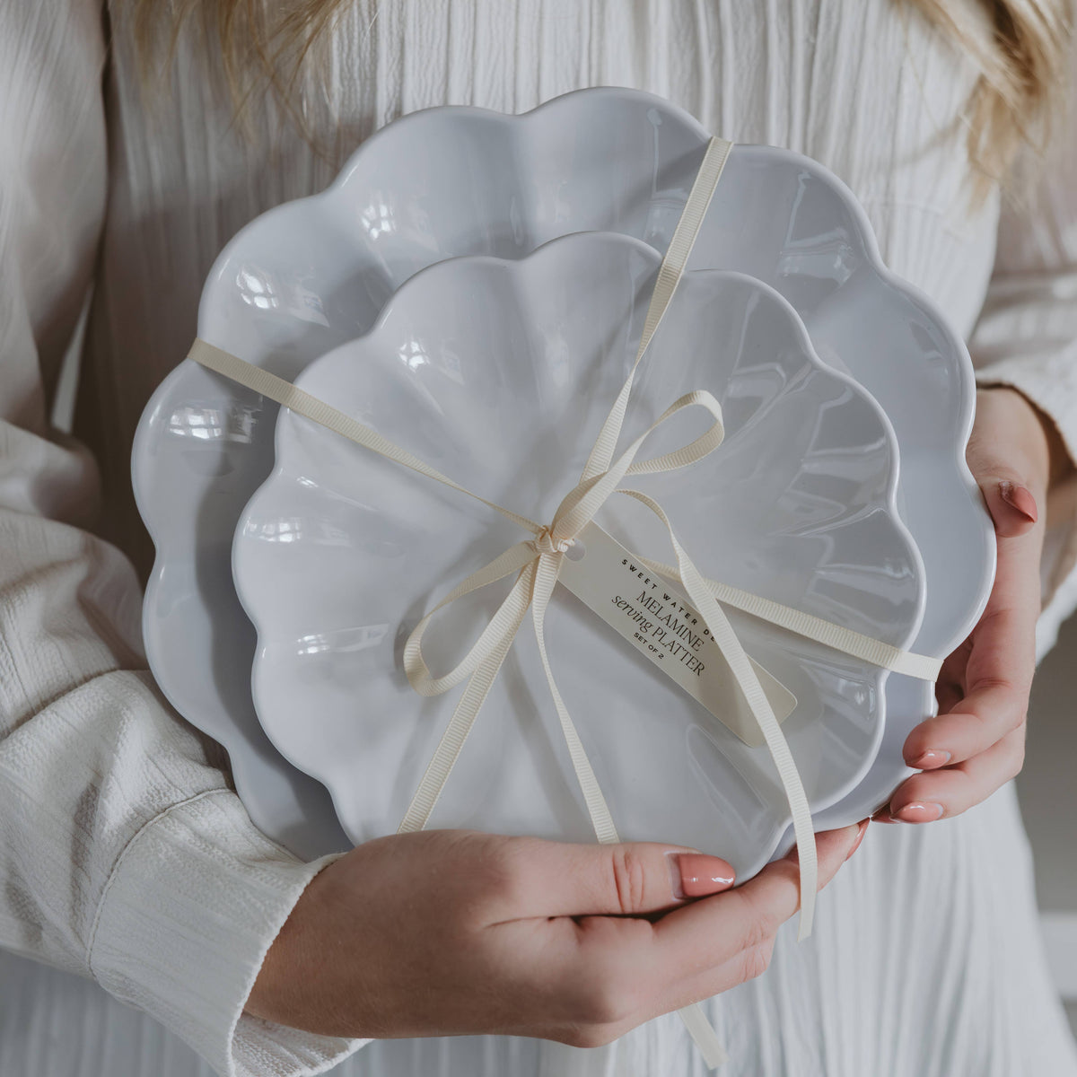 White Scalloped Serving Tray Set of 2