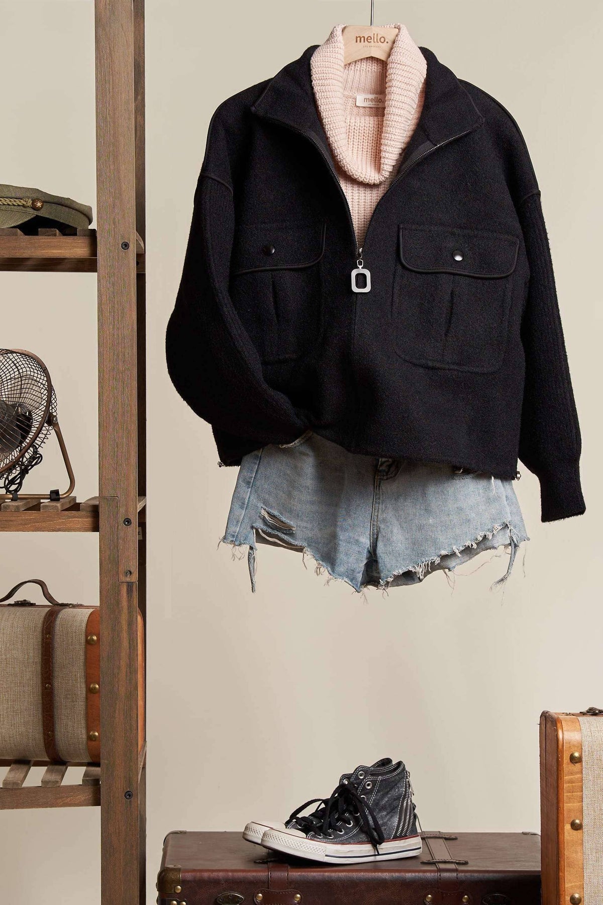 Mello. - Oversize Jacket with Knit Sleeve: Cream / ML