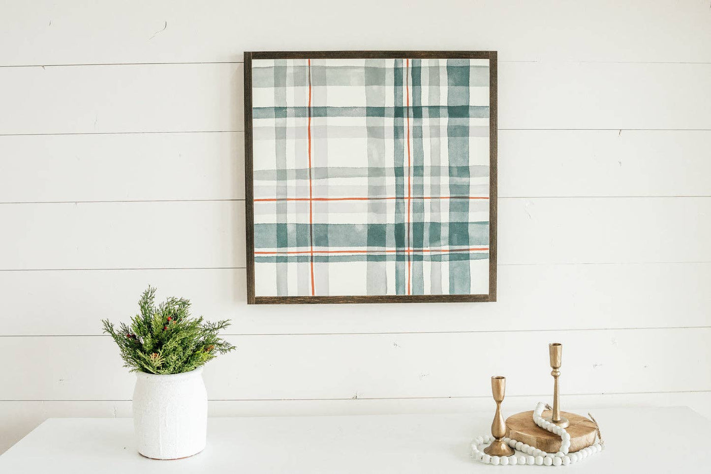 Plaid About You  Festive or Gray | Fine Art: Festive / Light Brown Frame / 24 inches x 24 inches