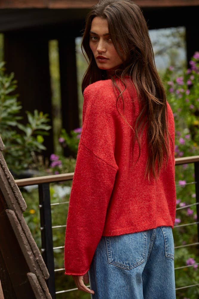 By Together - W2114 | Knit Sweater Rolled Round Neck Pullover Top: Green / S