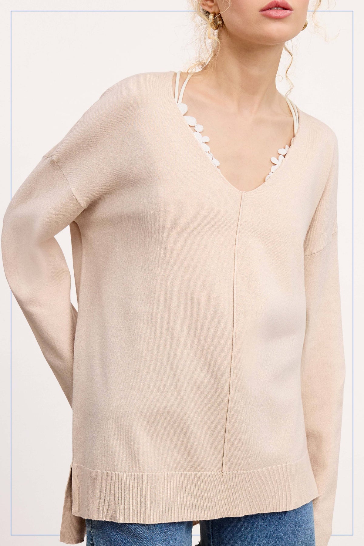 La Miel - JBS3122-V-neck Long Sleeve Lightweight Knit Top Christmas: Apple Green / L