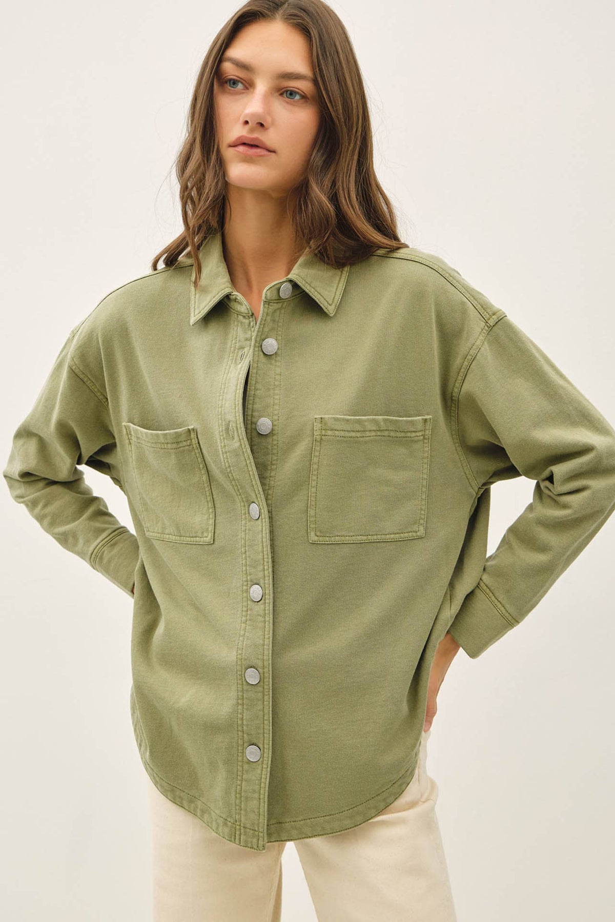 Be Cool - [NEW SHADED]GARMENT-DYE COTTON FLEECE OVERSIZED SHACKET  : ECRU / ML