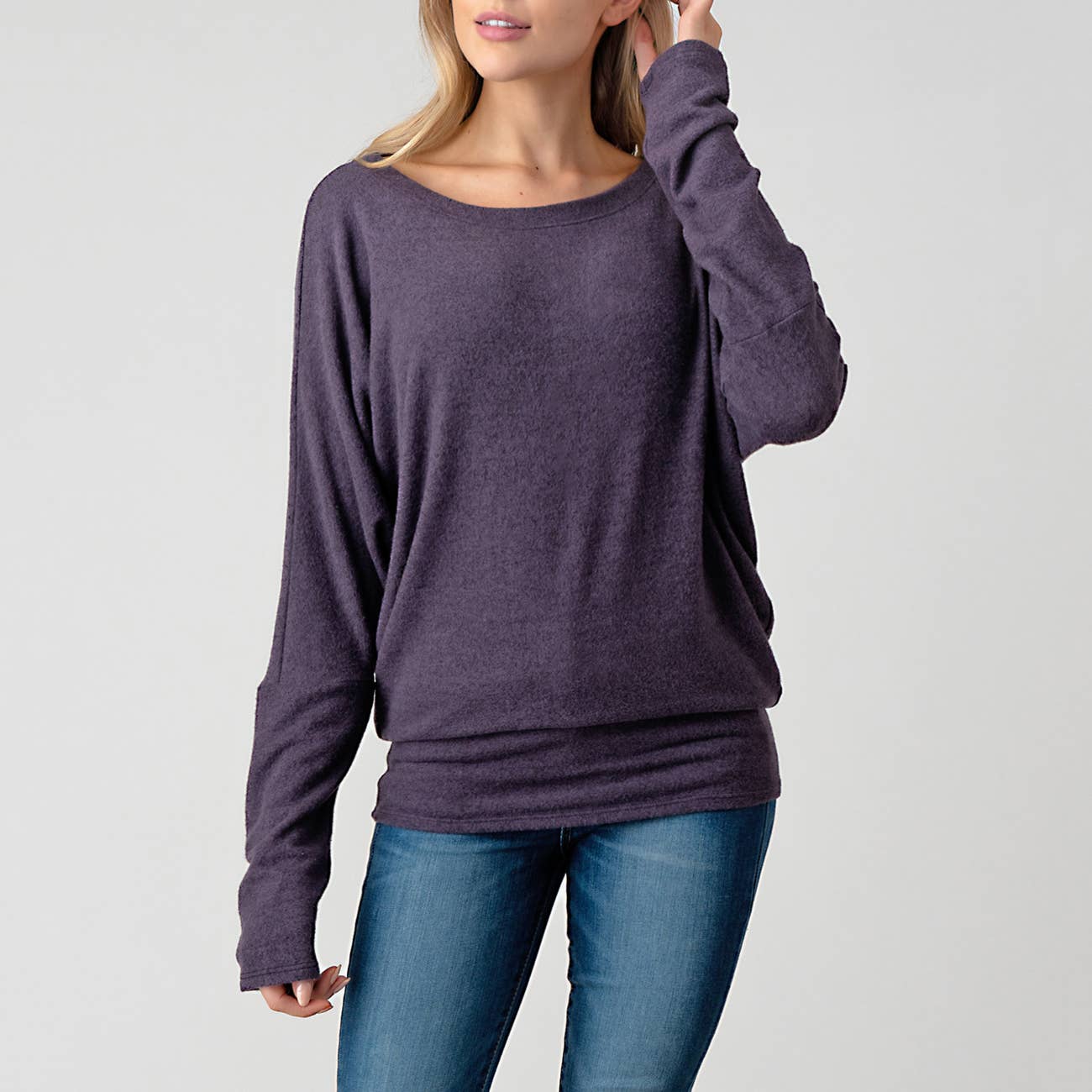 Heimious - Long Dolman Sleeve Round Neck Brushed Knit Top, 2739: Navy / M