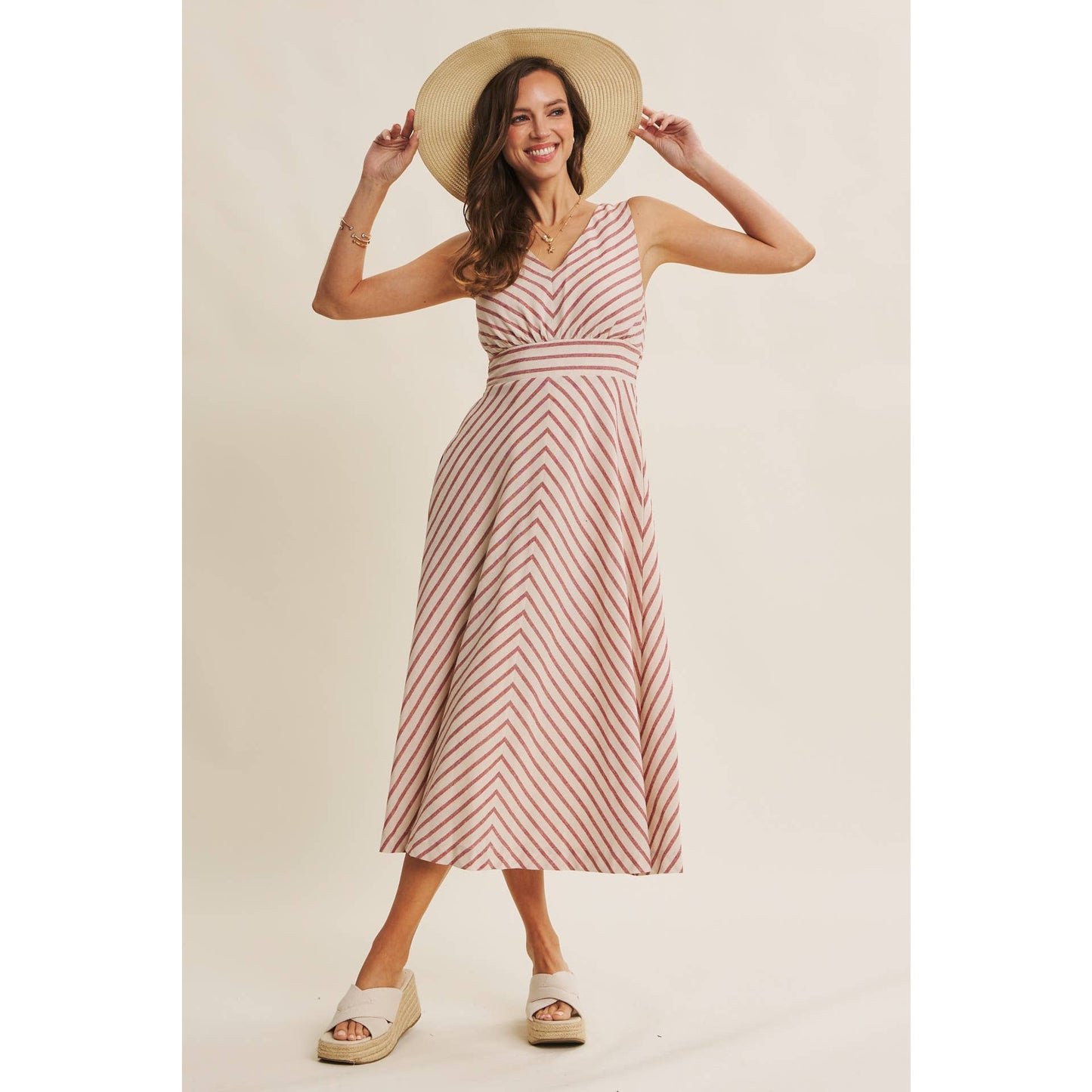 in february - SOFT-GLOW COTTON BLEND LUREX STRIPE FIT AND FLARE MIDI DRESS: RED / M