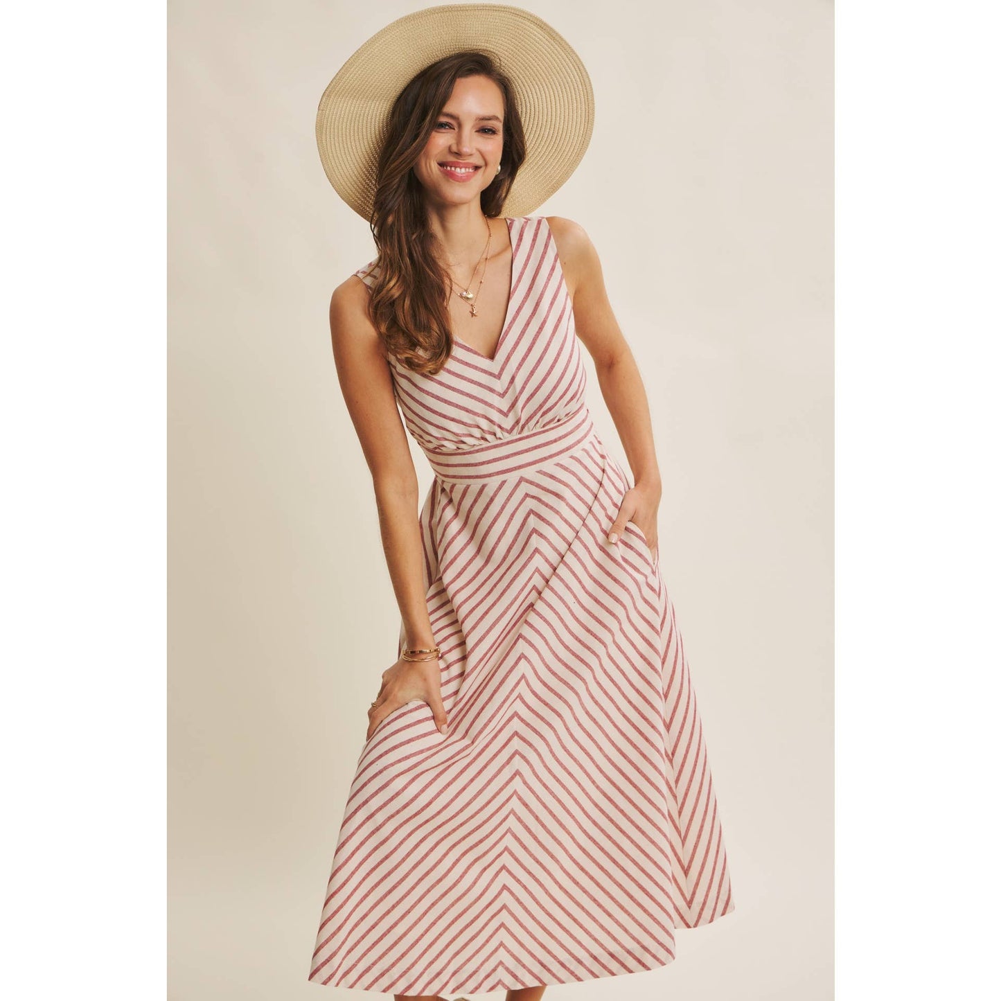 in february - SOFT-GLOW COTTON BLEND LUREX STRIPE FIT AND FLARE MIDI DRESS: RED / S