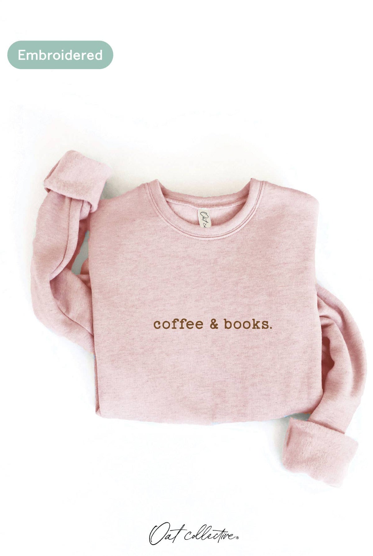 OAT COLLECTIVE - EMBROIDERED COFFEE AND BOOKS Sweatshirt Pullover Relaxed Fit: VINTAGE WHITE LONG SLEEVE / M