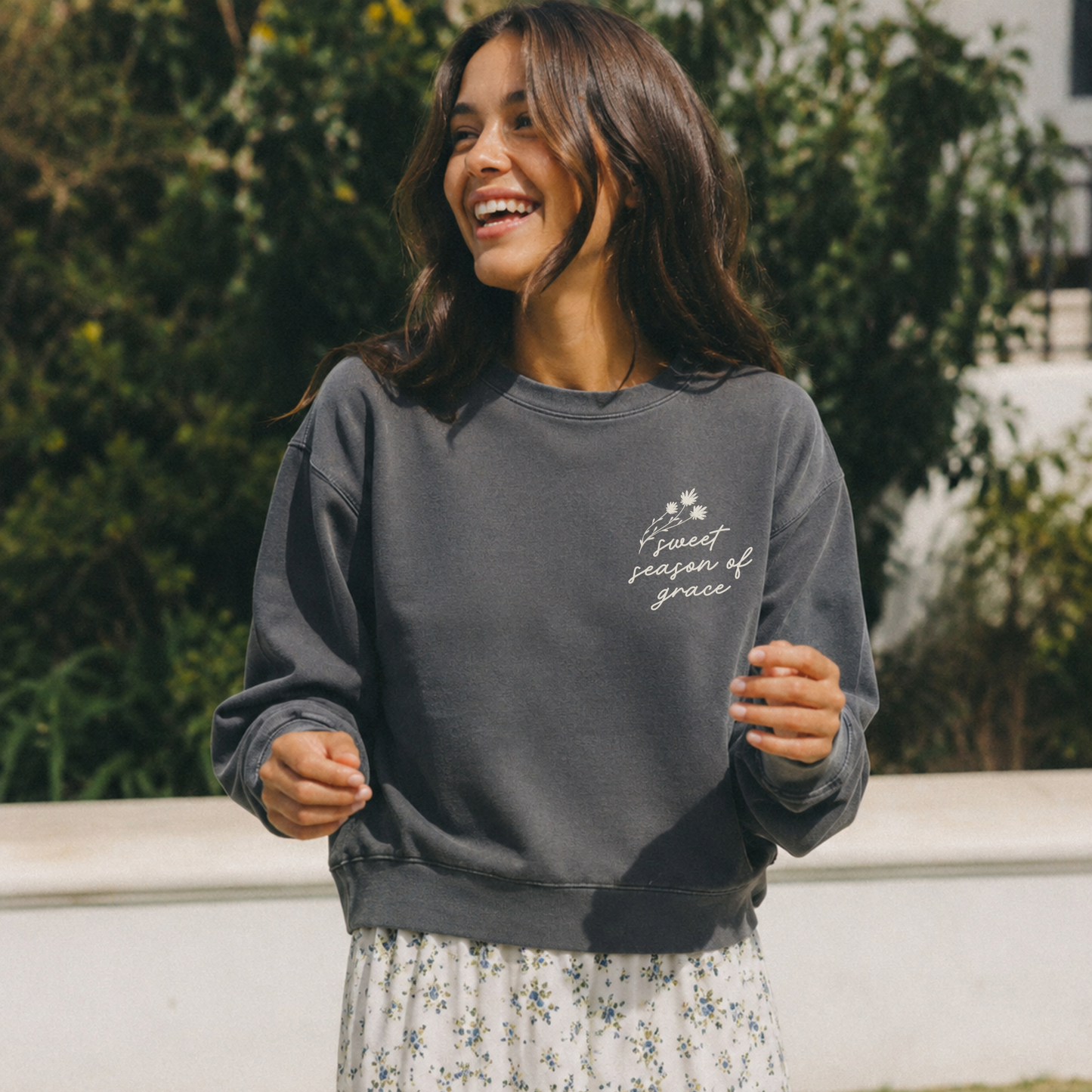 Scripted Pearl | Christian Apparel & Gifts - Grace Embroidered Comfort Colors Mid-Length Fall Sweatshirt: Espresso / S