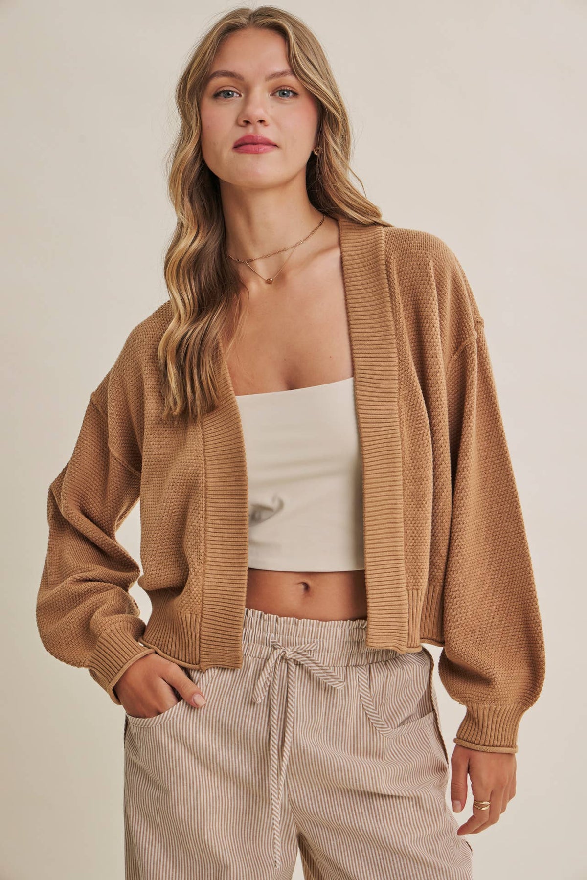 in february - EVERYDAY ESEENTIAL EASY LAYERING BALLOON SLV WAFFLE CARDIGAN: ROSEWOOD / M
