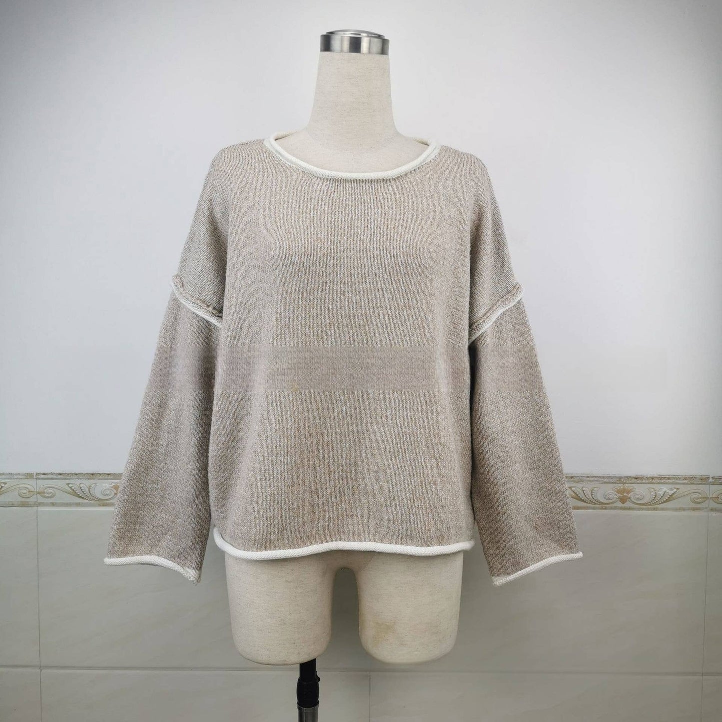 Casual Crew Neck Pullover Long Sleeve Sweater: KHAKI