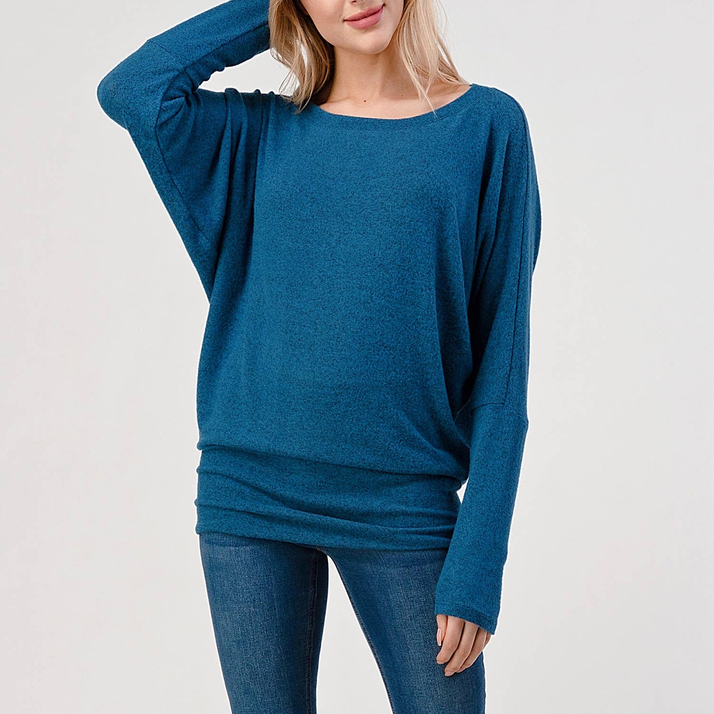 Heimious - Long Dolman Sleeve Round Neck Brushed Knit Top, 2739: Navy / S
