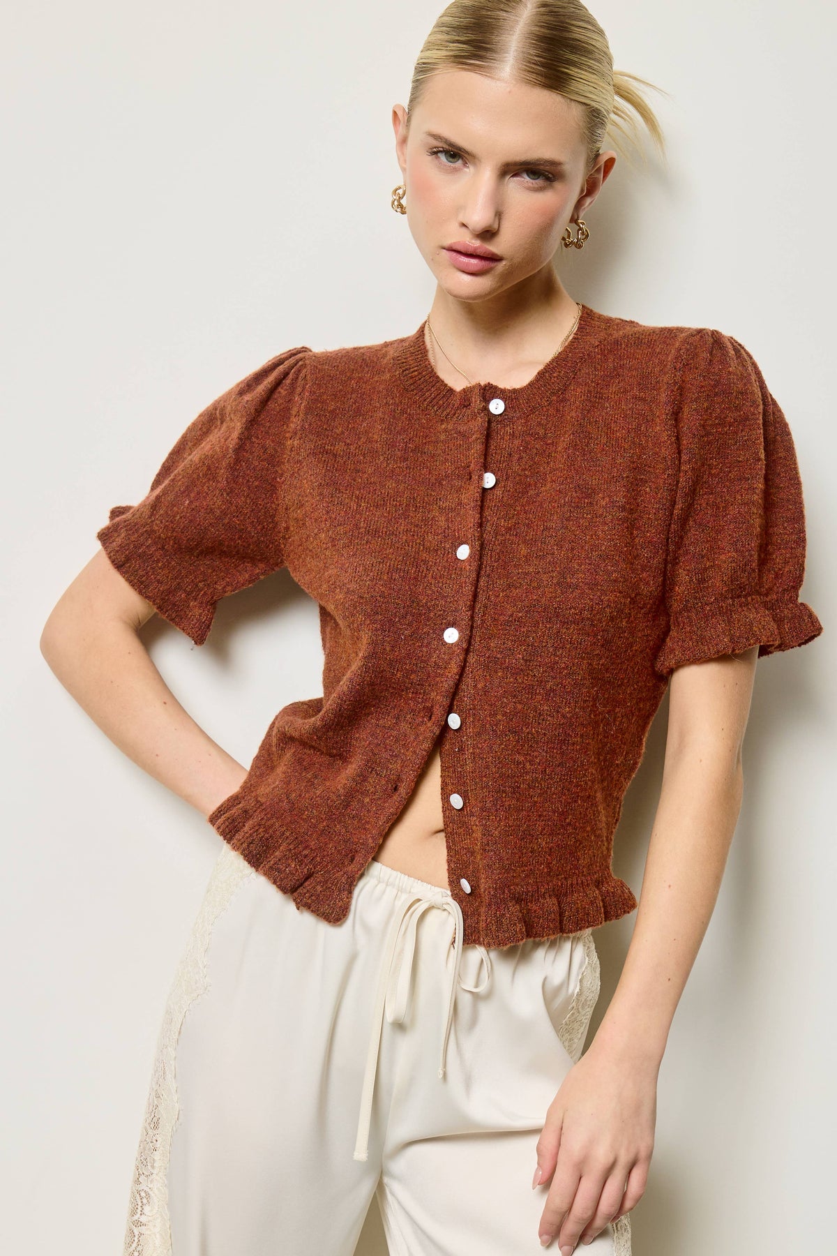 Mimosa - Puff Sleeve Ruffle Hem Knit Cardigan: Ivory / M