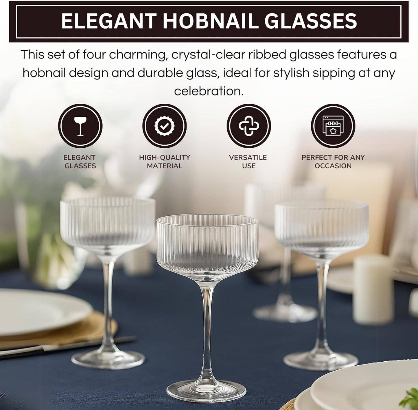 The Wine Savant /  Khen Glassware - Vintage 4 Pcs Ribbed Coupe Glasses, 11 oz 100% Crystal Coupe