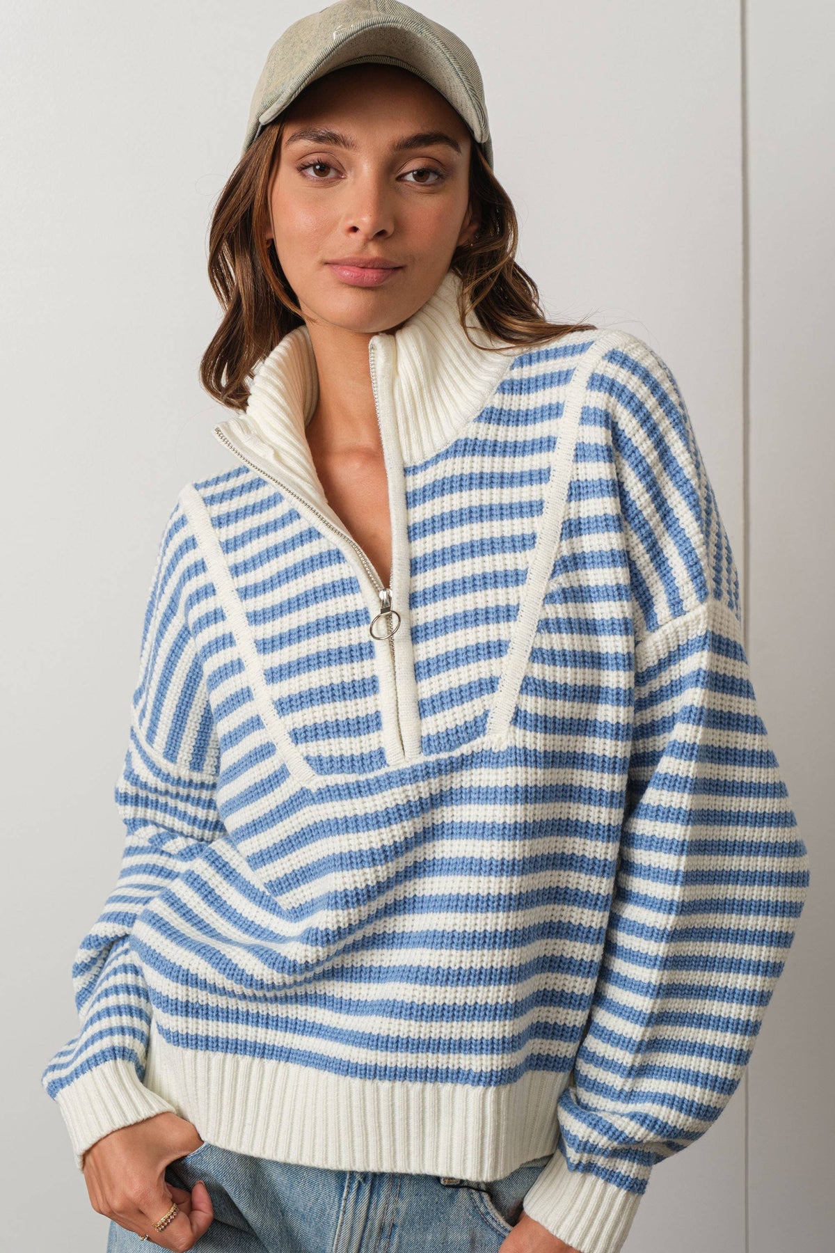 Creamon - Preppy Californian Half-zip Striped Sweater-BLUE: BLACK / L