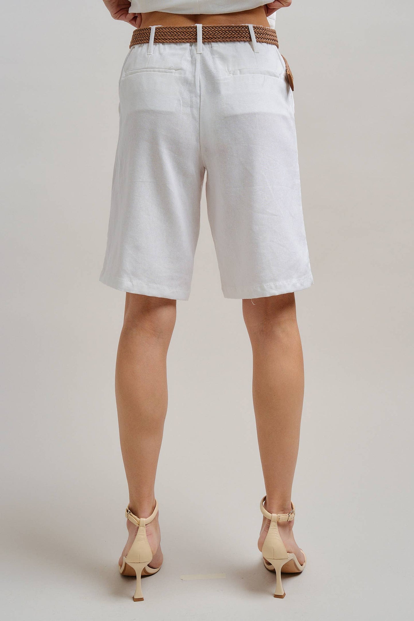 Linen Blend Belted Bermuda Shorts: WHITE