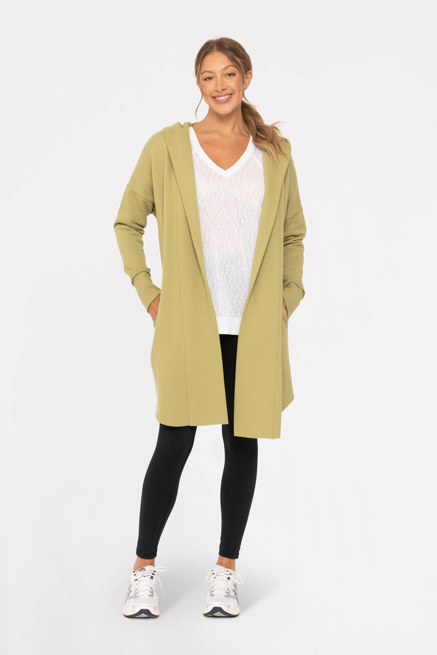 Open Front Longline Hoodie Cardigan: NATURAL