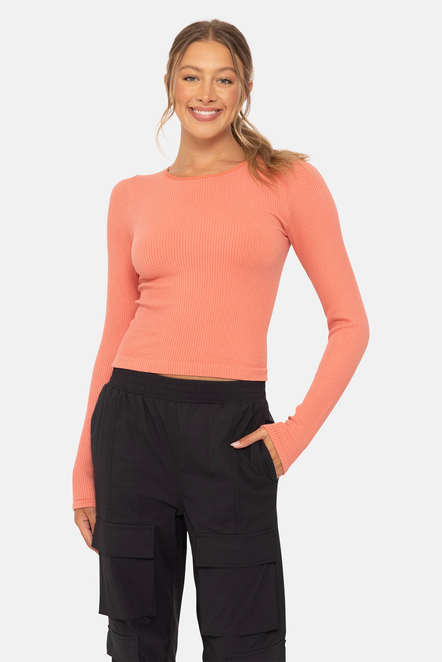 Seamless Ribbed Long Sleeve Top: BLACK