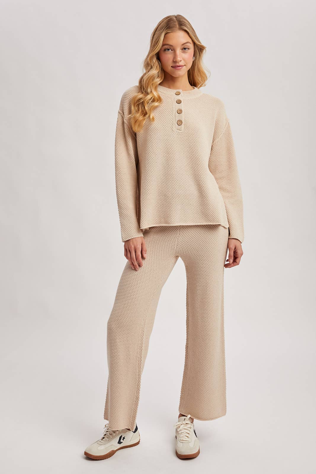 Textured Knit Top & Pant Set: OATMEAL