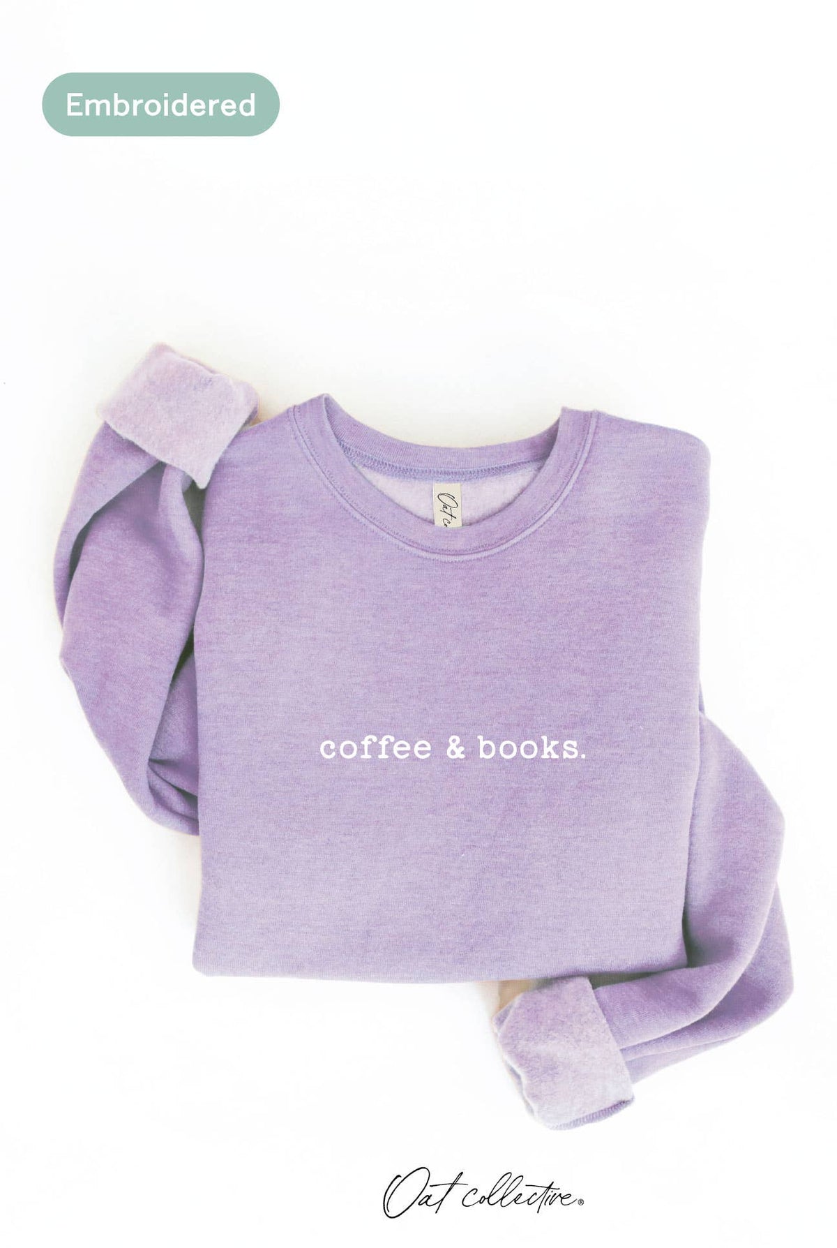 OAT COLLECTIVE - EMBROIDERED COFFEE AND BOOKS Sweatshirt Pullover Relaxed Fit: VINTAGE WHITE LONG SLEEVE / M