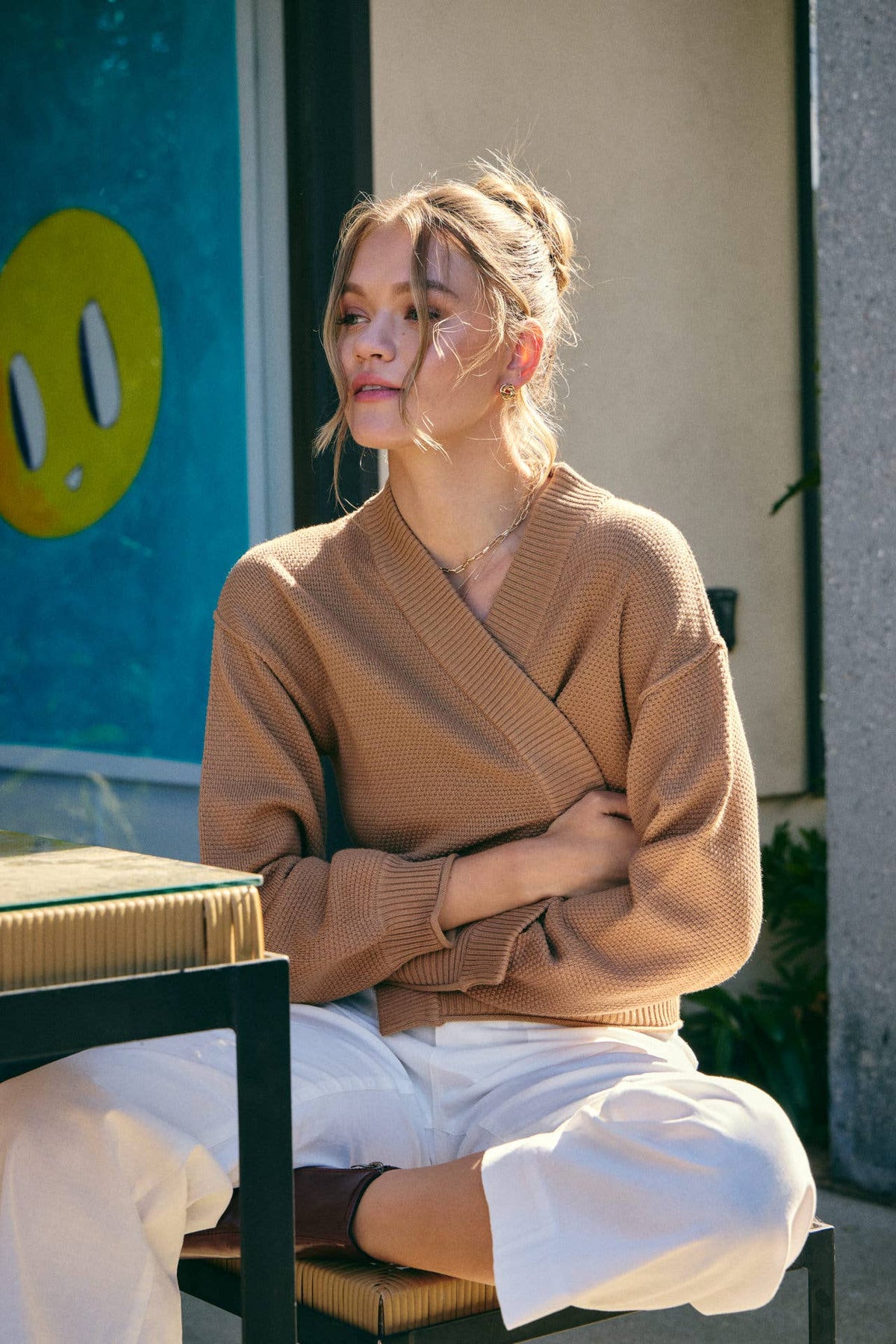 in february - EVERYDAY ESEENTIAL EASY LAYERING BALLOON SLV WAFFLE CARDIGAN: CAMEL / S