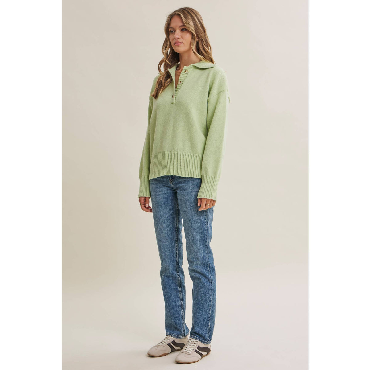 in february - MORNING LIGHT UPLIFTING SOFT PASTEL POLO SWEATER TOP: BUTTER YELLOW / L