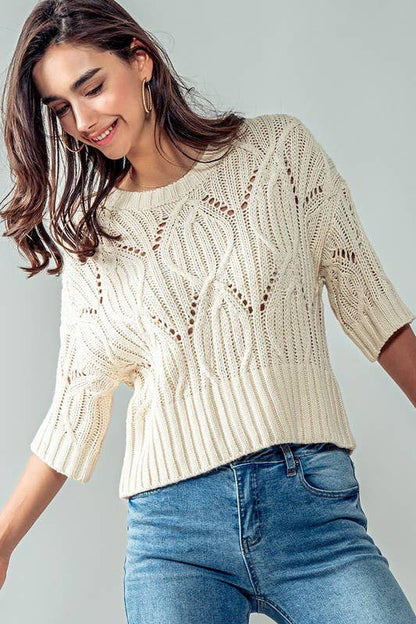Knit Sweater Crochet Round Neck Short Sleeve Top: CREAM