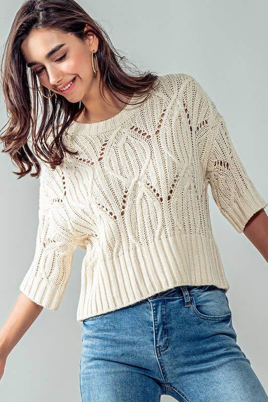 Knit Sweater Crochet Round Neck Short Sleeve Top: CREAM